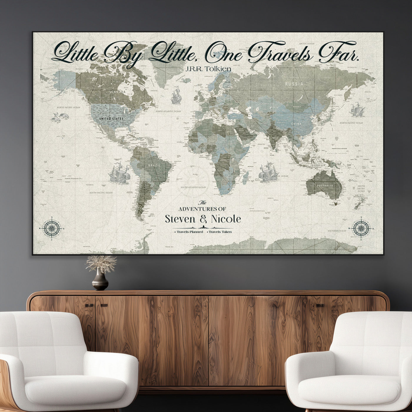 10693204-MGV-CV-36X24-Little By Little One Travels Far Tolkien Quote Blue Green World Map Adventure Wall Art Canvas Print Rustic Wanderlust Travel Decor