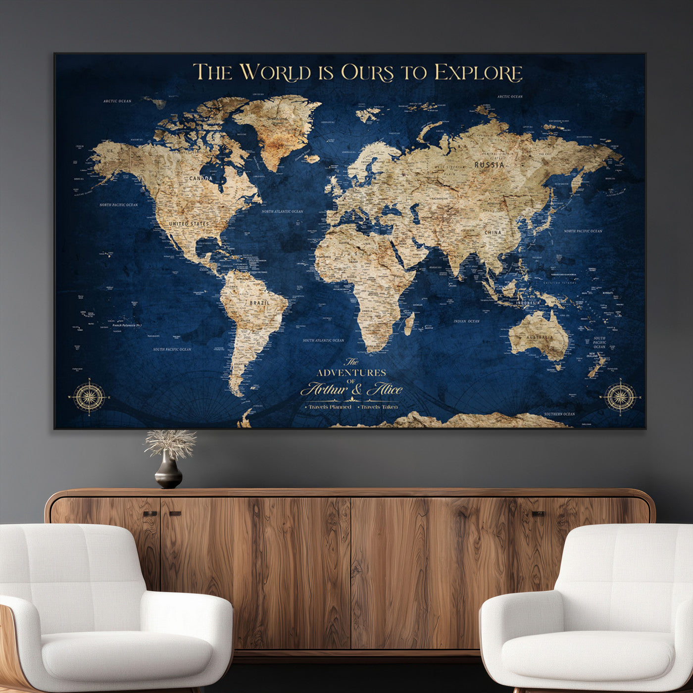 54782997-MGV-CV-36X24-The World is Ours to Explore Wall Art – Blue World Map Canvas Print, Adventure Travel Decor for Home, Office or Living Room,