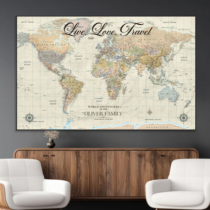 19479008-MGV-CV-36X24-Live Love Travel Wall Art – Detailed World Map Canvas Print, Adventure Decor for Living Room, Office or Bedroom, Travel Gift for