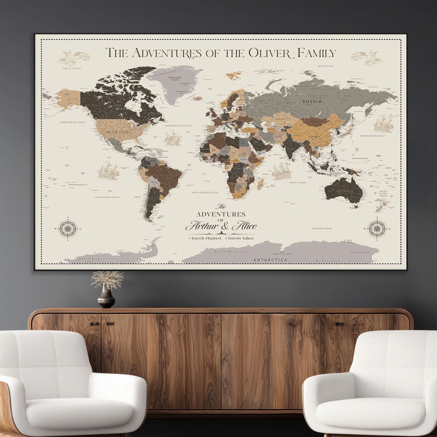 38723540-MGV-CV-36X24-Adventures of the Oliver Family Wall Art – Earth Tone World Map Canvas Print, Minimalist Travel Decor for Living Room, Bedroom or