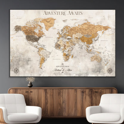 99422096-MGV-CV-36X24-Adventure Awaits World Map Wall Art – Neutral Beige Canvas Print, Modern Travel Inspired Wall Decor for Living Room, Bedroom or
