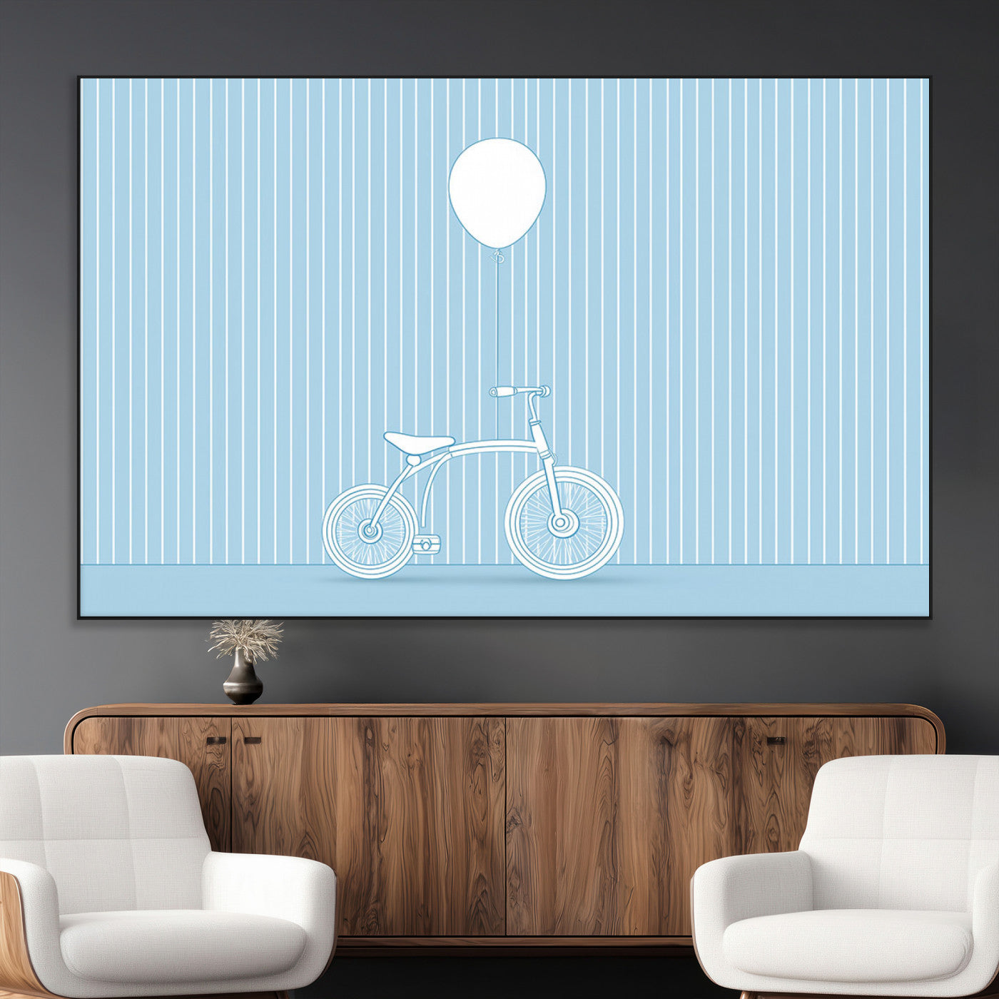 56479838-MGV-CV-36X24-Bicycle Wall Art – Minimalist Blue Canvas Print with Balloon Illustration, Modern Decor Artwork for Kids Room, Nursery, or Living