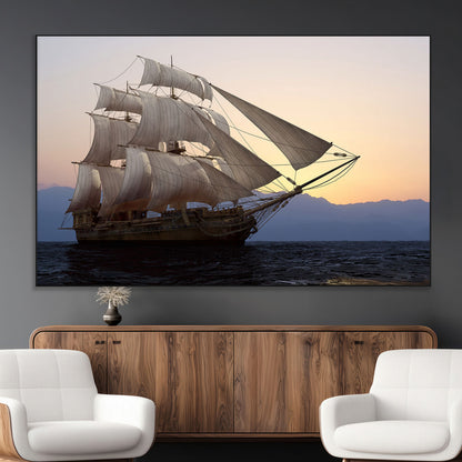 31270610-MGV-CV-36X24-Sailing Ship Wall Art – Sunset Seascape Canvas Print with Tall Ship at Sea, Nautical Ocean Decor for Living Room, Office, or