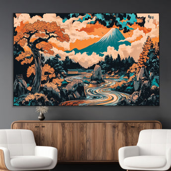 21638941-MGV-CV-36X24-Japanese Landscape Wall Art – Mount Fuji and Flowing River Ukiyo-e Style Canvas Print, Traditional Japan Inspired Artwork for