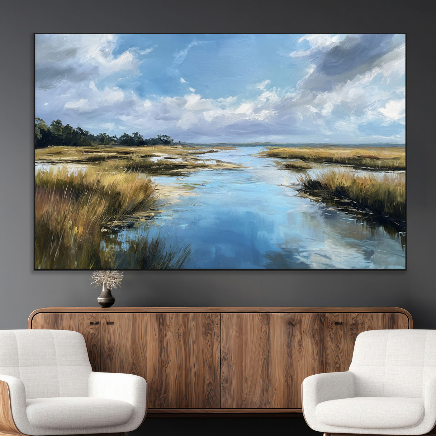 87082041-MGV-CV-36X24-Painted Marshland Canvas Wall Art – Serene Water Reflection, Blue Sky, Golden Grass Landscape, Calm Nature Decor for Home, Office,