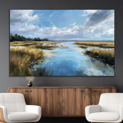 87082041-MGV-CV-36X24-Marshland Landscape Wall Art – Serene Nature Canvas Print with Blue Sky and Reflections, Tranquil Scenic Painting for Living Room,