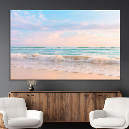88024944-MGV-CV-36X24-Beach Landscape Wall Art – Coastal Ocean Canvas Print with Gentle Waves and Pastel Sky, Serene Seascape Photography for Living