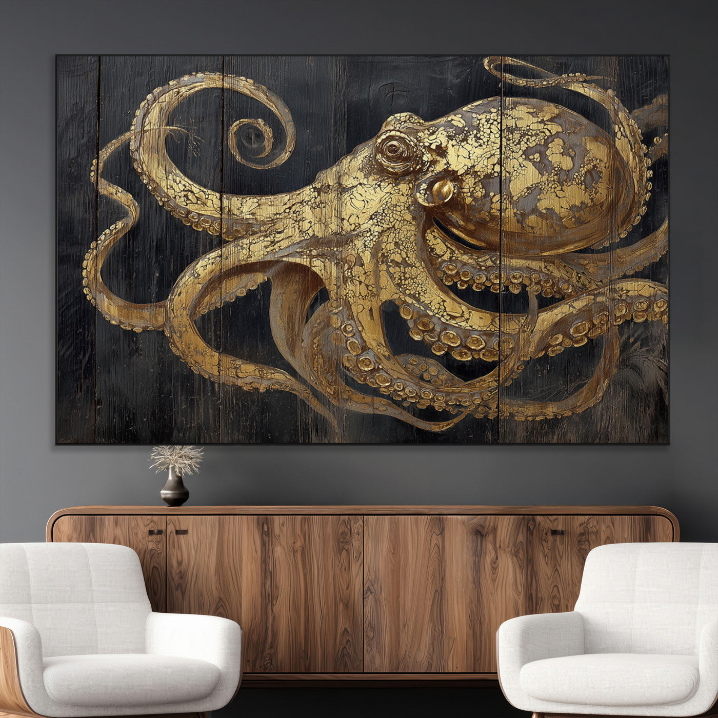47056538-MGV-CV-36X24-Octopus Canvas Wall Art – Gold Detail, Wooden Texture, Marine Life, Ocean Creature Tentacles, Nautical Coastal Rustic Decor for