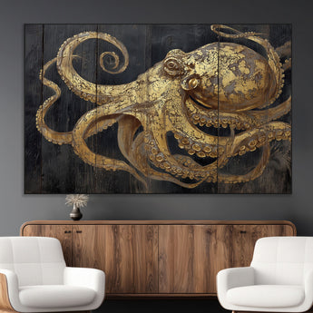 47056538-SEG-FC-51X34_Oversize_Oversize-Octopus Wall Art – Gold Nautical Canvas Print with Rustic Wood Texture, Marine Creature Artwork for Coastal Ocean Decoration in