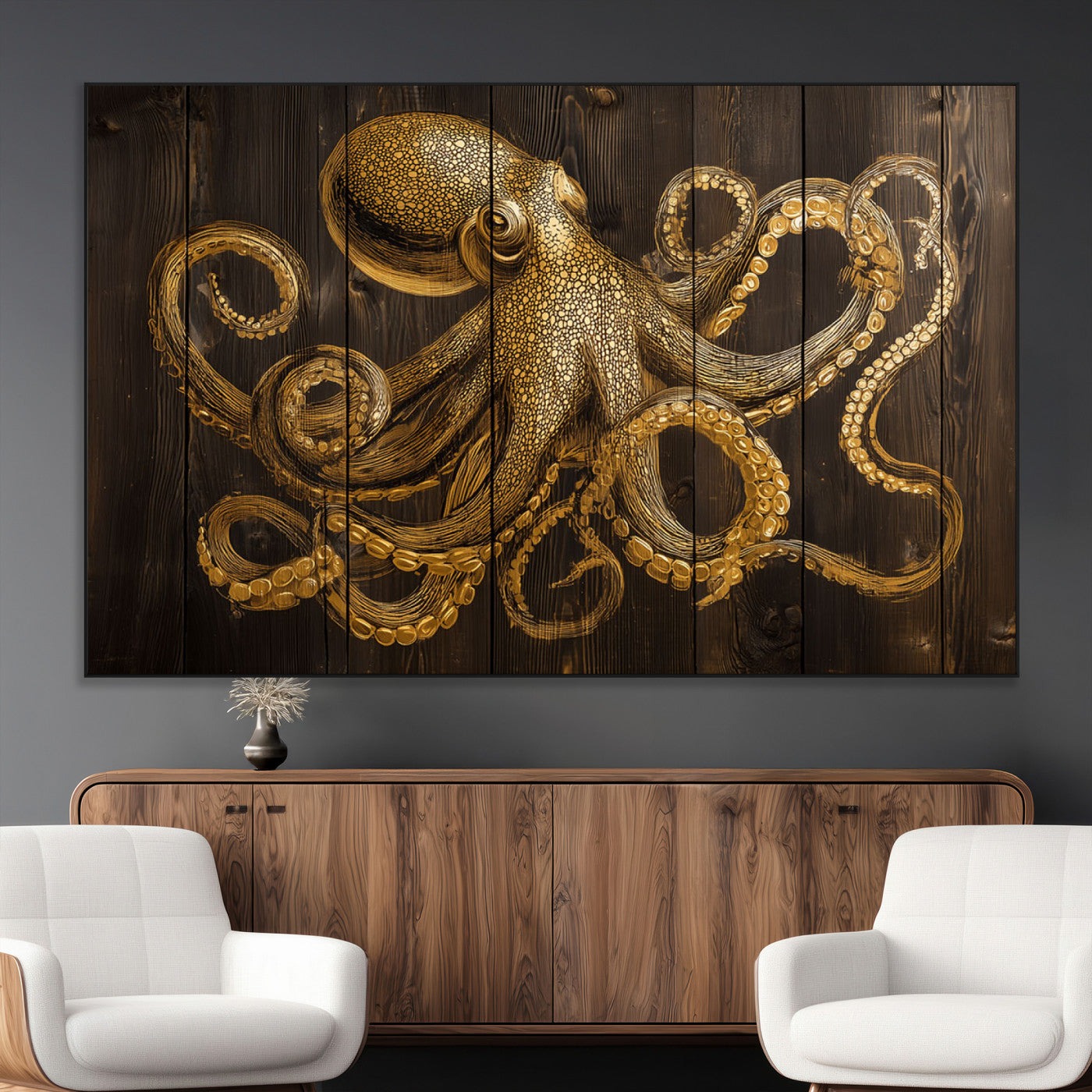 56769669-MGV-CV-36X24-Octopus Wall Art – Gold Nautical Canvas Print with Rustic Wood Panel Design, Detailed Marine Artwork for Coastal Ocean Decoration