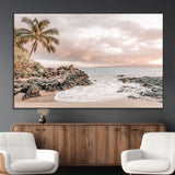 18005328-MGV-CV-36X24-Tropical Beach Canvas Wall Art – Palm Tree, Rocky Shoreline, Ocean Waves, Sunset Clouds, Calm Sea, Island Nature Relaxation for