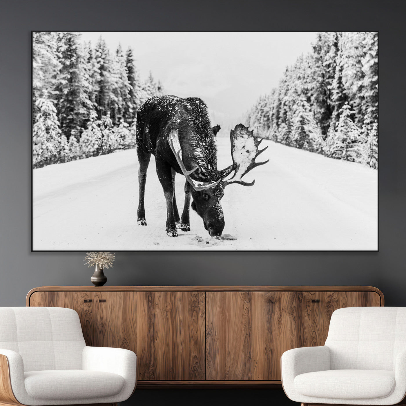 38956835-MGV-CV-36X24-Moose Winter Snowy Forest Canvas Wall Art – Wildlife Nature, Antlers in Frozen Landscape, Quiet Path, Cold Season Outdoors Print