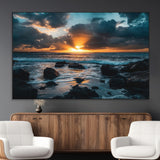 66040852-MGV-CV-36X24-Ocean Sunset Canvas Wall Art – Rocky Shore Waves, Dramatic Clouds, Golden Sun Rays, Coastal Nature, Serene Water Reflection for
