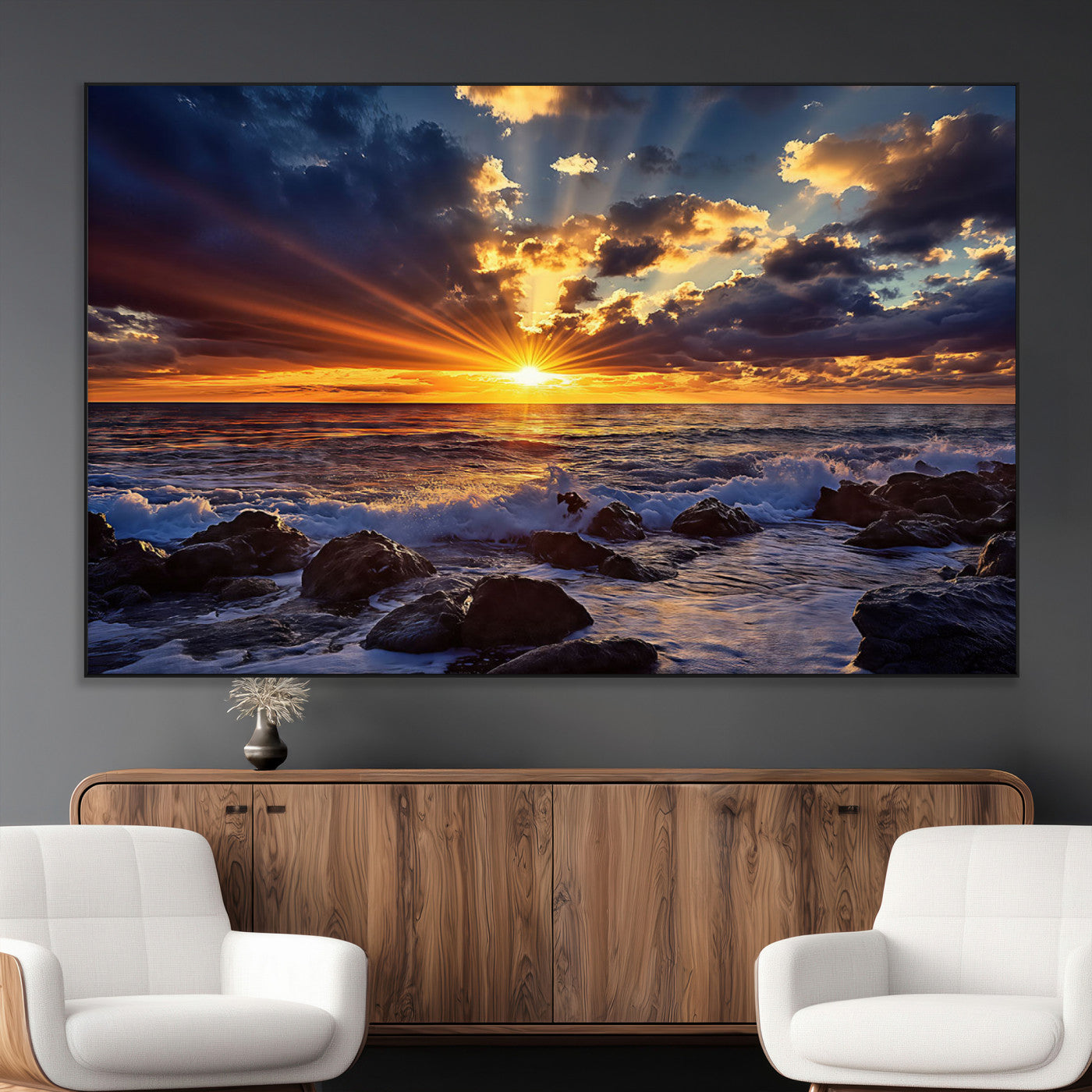 35900590-MGV-CV-36X24-Ocean Sunset Wall Art – Vivid Seascape Canvas Print with Sunburst Sky, Crashing Waves and Rocky Shore, Dramatic Coastal