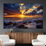 35900590-MGV-CV-36X24-Ocean Sunset Wall Art – Vivid Seascape Canvas Print with Sunburst Sky, Crashing Waves and Rocky Shore, Dramatic Coastal