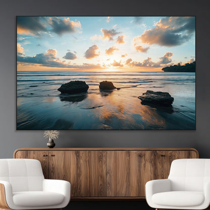 23879436-MGV-CV-36X24-Ocean Sunset Wall Art – Serene Seascape Canvas Print with Golden Sky, Reflections on Sand and Calm Waves, Peaceful Coastal