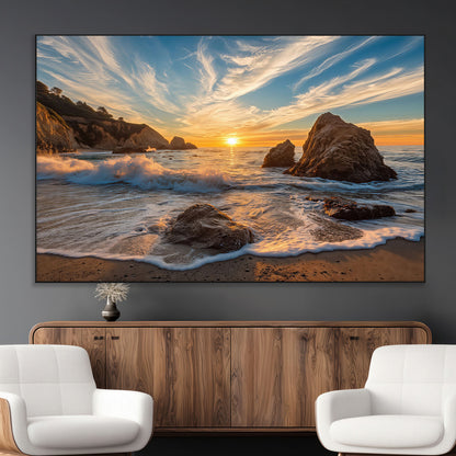 85659923-MGV-CV-36X24-Rocky Ocean Sunset Canvas Wall Art – Seaside Dramatic Seascape Print, Coastal Modern Decor, Ocean Sunset Art for Living Room or