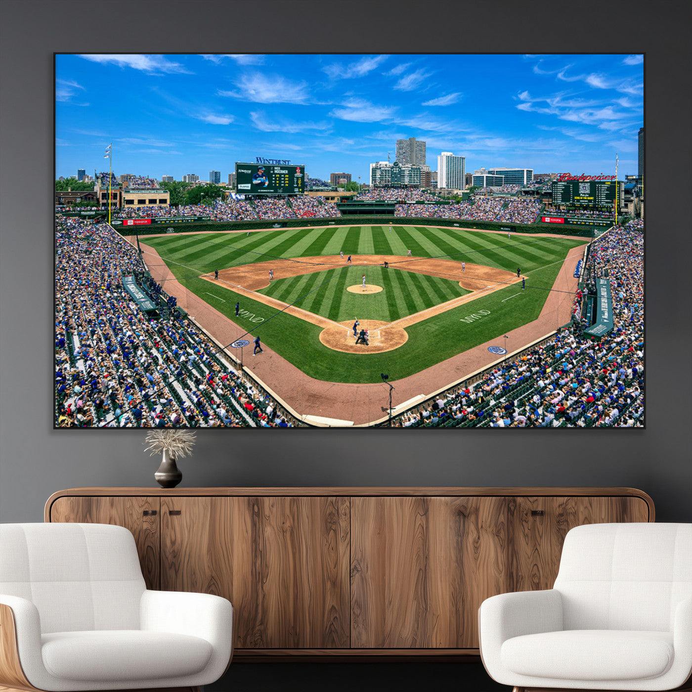 56213978-MGV-CV-36X24-Wrigley Field Baseball Stadium Canvas Wall Art – Packed Crowd Sports Stadium Print, City Skyline Baseball Field Canvas for Game