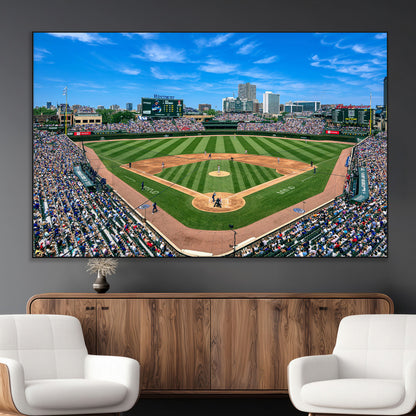 56213978-MGV-CV-36X24-Baseball Stadium Wall Art – Panoramic Ballpark Canvas Print with Fans, Green Field and City Skyline, Classic Sports Photography
