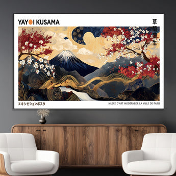 28945903-MGV-CV-36X24-Yayoi Kusama Inspired Japanese Art Canvas Print – Framed Floral & Mt. Fuji Wall Decor, Modern Asian Style Canvas for Home, Office,