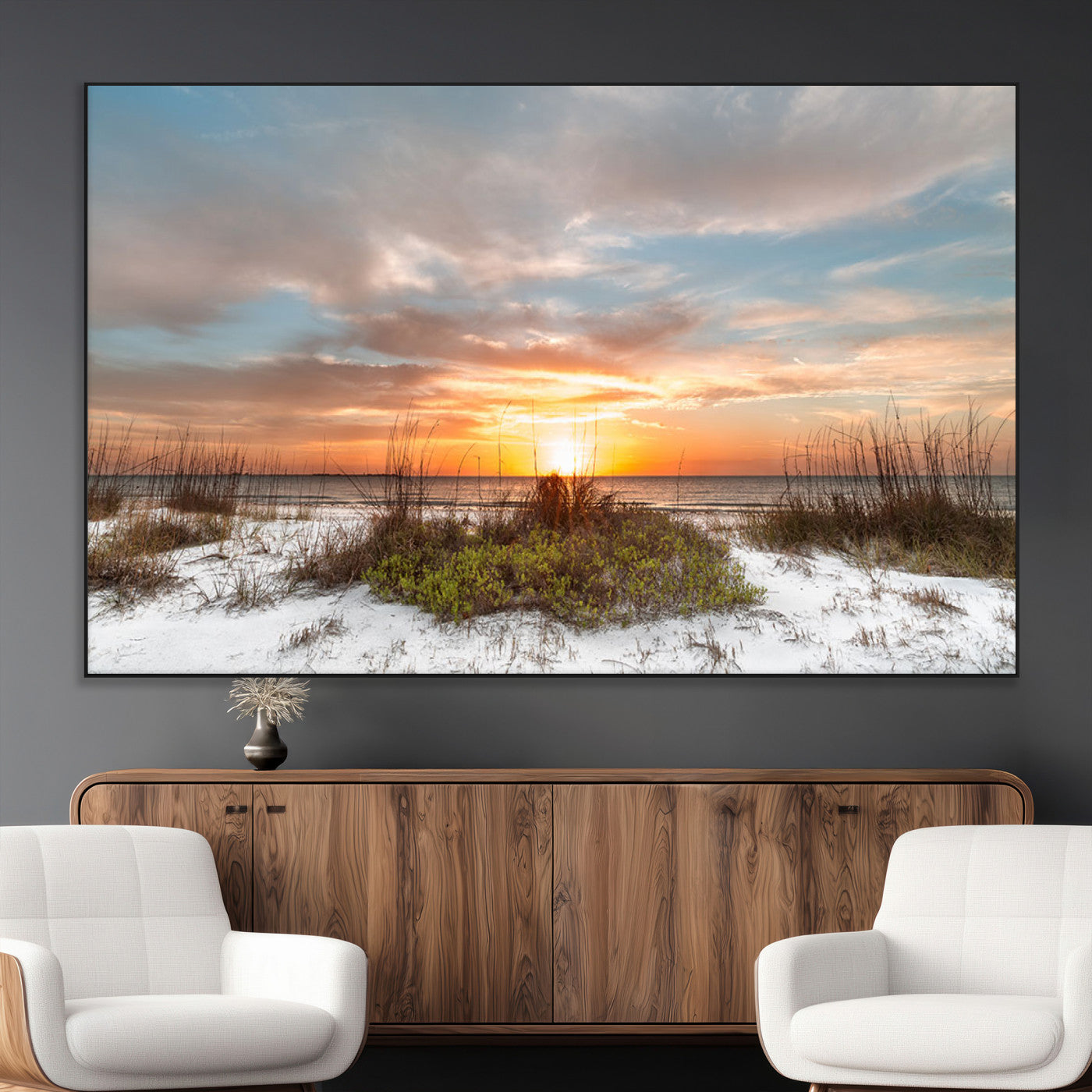 58266230-MGV-CV-36X24-Beach Sunset Wall Art – Coastal Canvas Print with Sandy Dunes, Sea Grass and Golden Sky, Serene Ocean Landscape Photography for