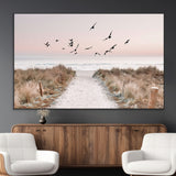 34632598-MGV-CV-36X24-Coastal Pathway Canvas Wall Art – Framed Seaside Landscape, Large Beach and Birds Canvas Print for Home, Office, or Living Room