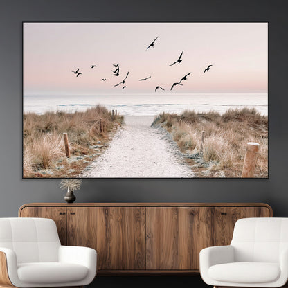 34632598-MGV-CV-36X24-Coastal Pathway Canvas Wall Art – Framed Seaside Landscape, Large Beach and Birds Canvas Print for Home, Office, or Living Room
