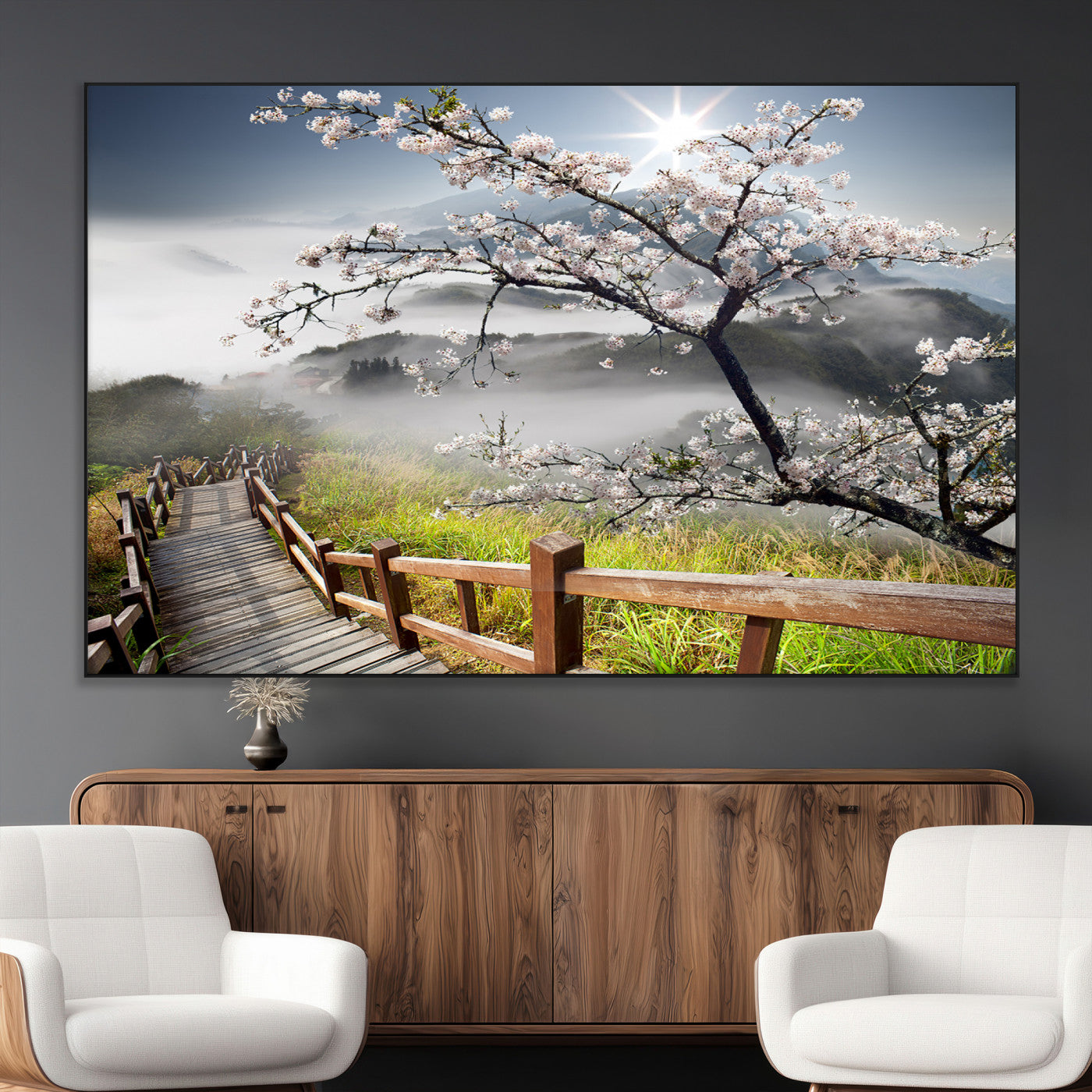 34632598CRY-MGV-CV-36X24-Cherry Blossom Wall Art – Scenic Asian Landscape Canvas Print with Wooden Walkway, Misty Mountains and Sunrise, Serene Nature