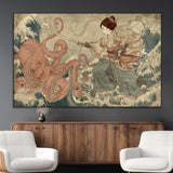 54879547-MGV-CV-36X24-Tsukioka Yoshitoshi Samurai Wall Art Print, Japanese Katana Warrior Canvas Wall Art, Octopus Sea Monster Canvas Print,