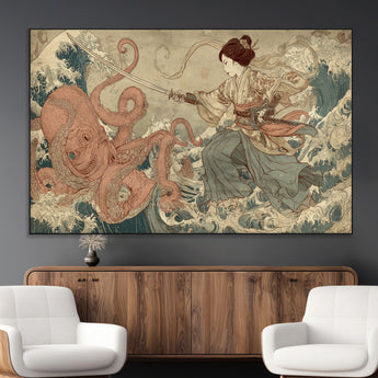 54879547-MGV-CV-36X24-Samurai Woman Wall Art – Japanese Ukiyo-e Style Canvas Print with Katana and Octopus, Traditional Asian Inspired Battle Artwork