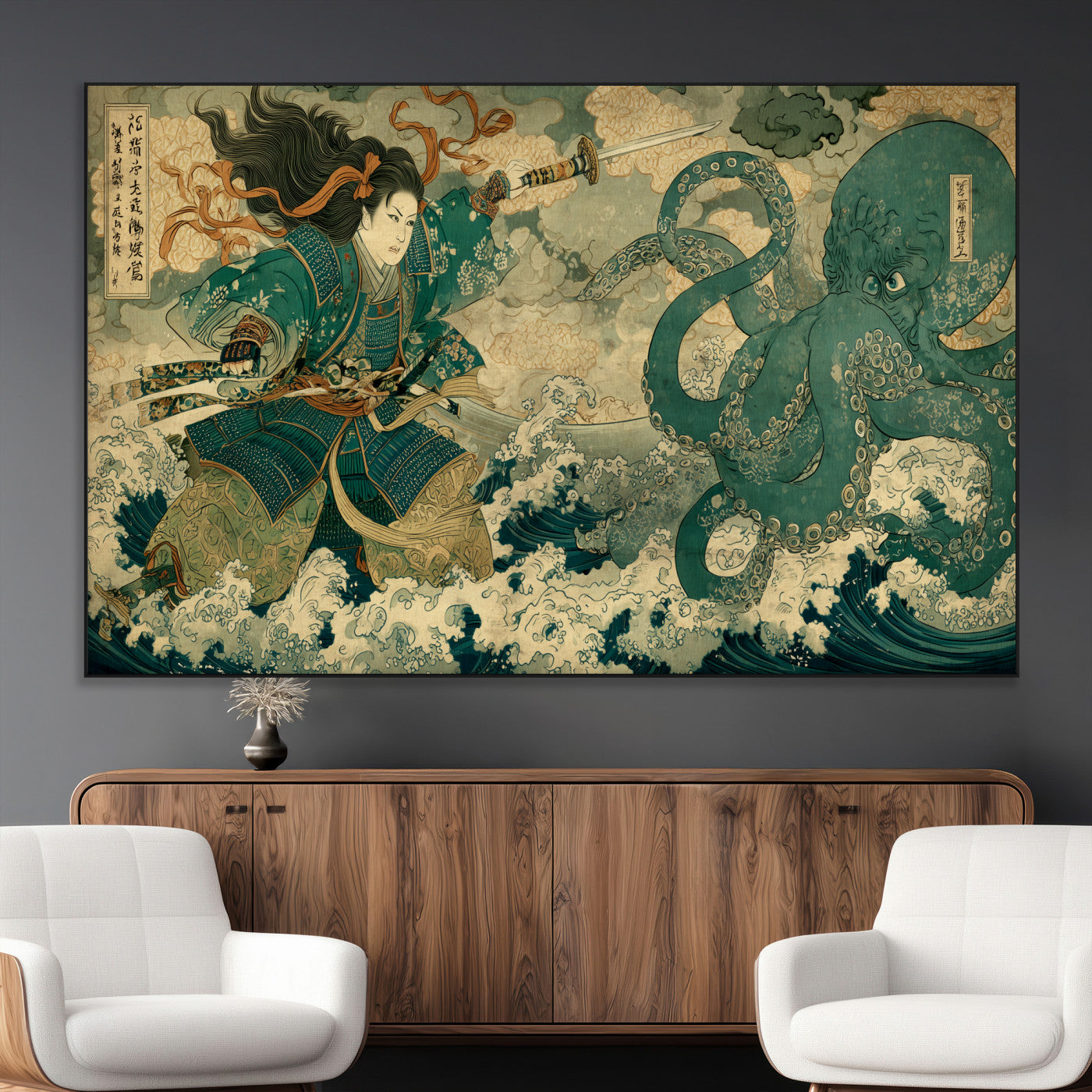 24416422-MGV-CV-36X24-Samurai vs Octopus Wall Art – Japanese Warrior Ocean Battle Canvas Print, Ukiyo e Inspired Decor for Home, Office, or Man Cave