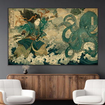 24416422-MGV-CV-36X24-Samurai vs Octopus Wall Art – Japanese Warrior Ocean Battle Canvas Print, Ukiyo e Inspired Decor for Home, Office, or Man Cave