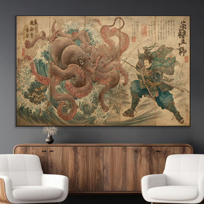 63782167-MGV-CV-36X24-Tsukioka Yoshitoshi Samurai Wall Art Print, Japanese Katana Warrior Canvas Wall Art, Octopus Sea Monster Canvas Print,
