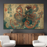 98593115-MGV-CV-36X24-Tsukioka Yoshitoshi Samurai Wall Art Print, Japanese Katana Warrior Canvas Wall Art, Octopus Sea Monster Canvas Print,