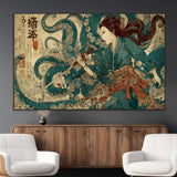18575670-MGV-CV-36X24-Samurai Woman vs Octopus Wall Art – Japanese Ukiyo-e Ocean Battle Canvas Print, Traditional Warrior Artwork for Living Room,