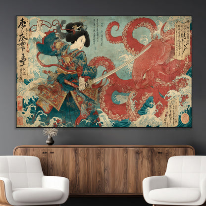 68844327-MGV-CV-36X24-Tsukioka Yoshitoshi Samurai Wall Art Print, Japanese Katana Warrior Canvas Wall Art, Octopus Sea Monster Canvas Print,