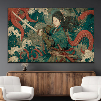 35461724-MGV-CV-36X24-Samurai Woman vs Octopus Wall Art – Japanese Ukiyo-e Ocean Waves Canvas Print, Red Tentacle Battle Artwork for Living Room,