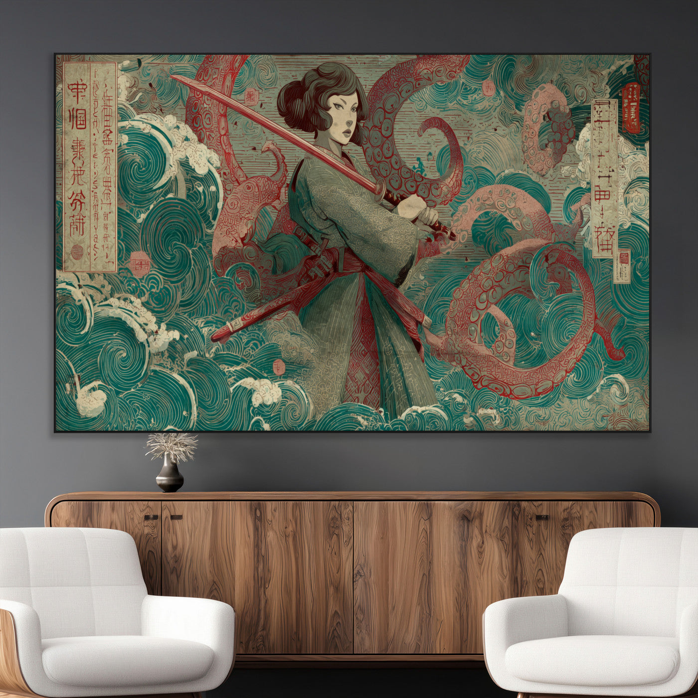 91666601-MGV-CV-36X24-Samurai Woman vs Octopus Wall Art – Japanese Ukiyo-e Green Robe Canvas Print, Ocean Battle Artwork for Living Room, Office, Man
