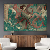 91666601-MGV-CV-36X24-Samurai Woman vs Octopus Wall Art – Japanese Ukiyo-e Green Robe Canvas Print, Ocean Battle Artwork for Living Room, Office, Man