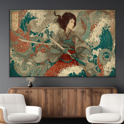 37797255-MGV-CV-36X24-Samurai Woman vs Octopus Wall Art – Japanese Ukiyo-e Red Armor Ocean Battle Canvas Print, Warrior Artwork for Living Room, Office,
