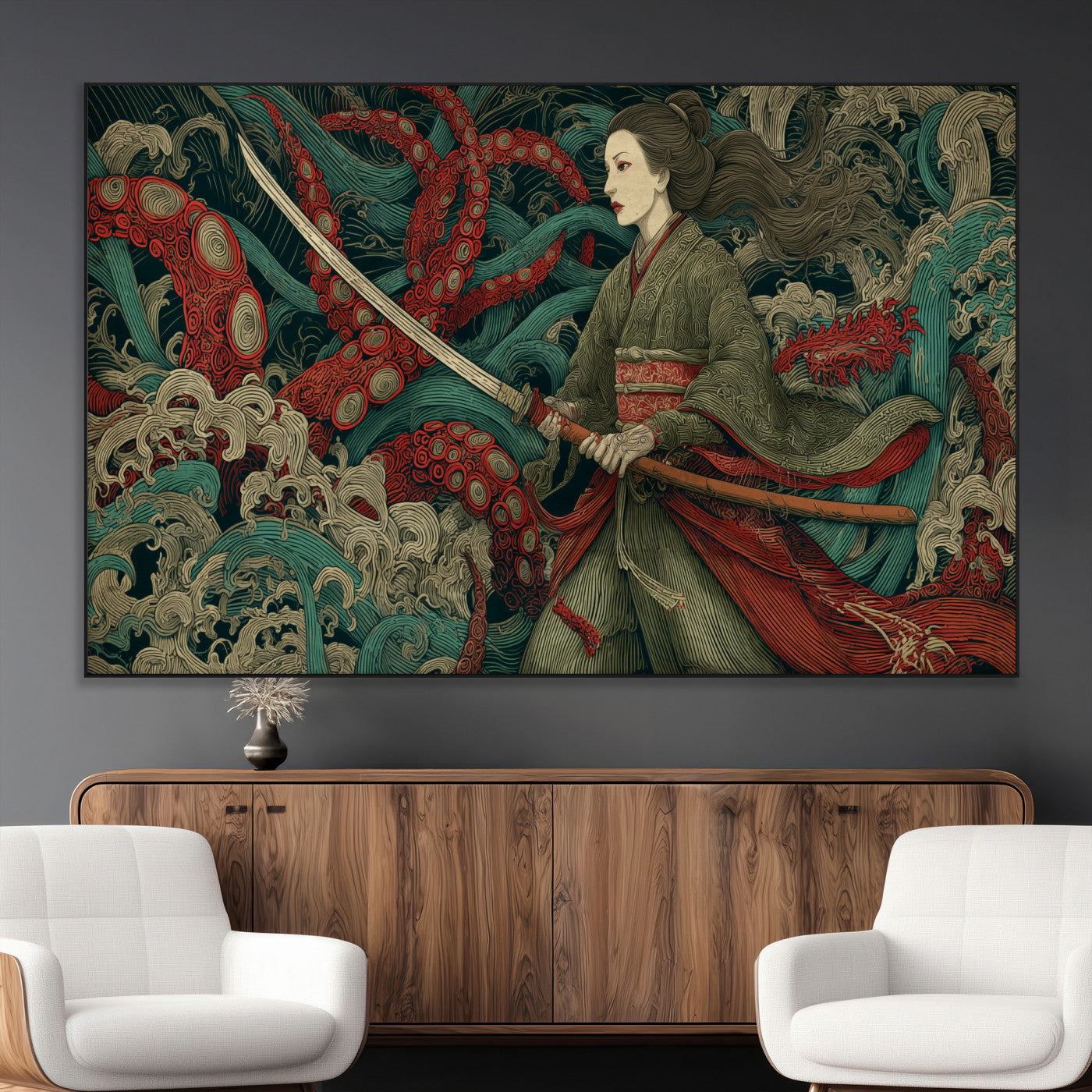 18902796-MGV-CV-36X24-Samurai Woman vs Octopus Wall Art – Japanese Ukiyo-e Green Kimono Canvas Print, Ocean Battle Scene Artwork for Living Room,