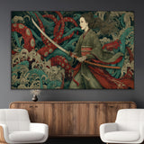 18902796-MGV-CV-36X24-Samurai Woman vs Octopus Wall Art – Japanese Ukiyo-e Green Kimono Canvas Print, Ocean Battle Scene Artwork for Living Room,