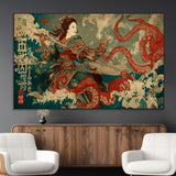 60201267-MGV-CV-36X24-Samurai Woman vs Octopus Wall Art – Japanese Ukiyo-e Armor Canvas Print, Red Tentacle Ocean Battle Artwork for Living Room,
