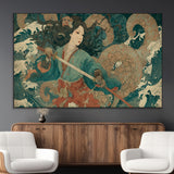 79740258-MGV-CV-36X24-Tsukioka Yoshitoshi Samurai Wall Art Print, Japanese Katana Warrior Canvas Wall Art, Octopus Sea Monster Canvas Print,