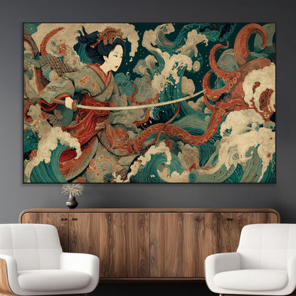 30212982-MGV-CV-36X24-Samurai Woman vs Octopus Wall Art – Japanese Ukiyo-e Style Warrior and Sea Monster Canvas Print, Mythology Inspired Artwork for