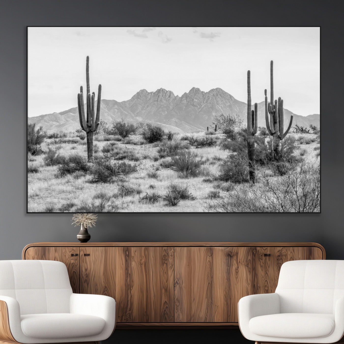 97436PHN-MGV-CV-36X24-Desert Landscape Wall Art – Black and White Cactus and Mountain Canvas Print, Southwestern Nature Photography for Living Room,