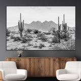 97436PHN-MGV-CV-36X24-Desert Landscape Wall Art – Black and White Cactus and Mountain Canvas Print, Southwestern Nature Photography for Living Room,