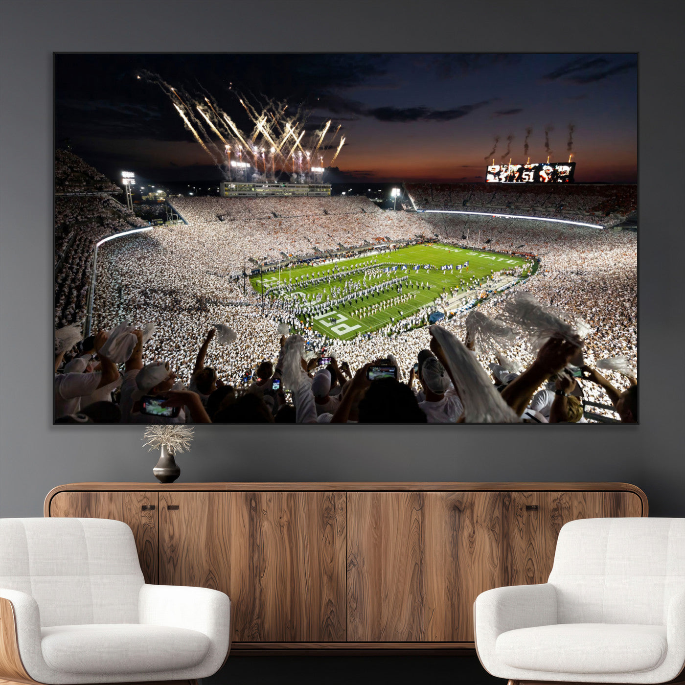 Penn-MGV-CV-36X24-Football Stadium Wall Art – Panoramic Night Game Canvas Print, Packed Crowd with Fireworks, Sports Decor for Office, Man Cave, Bar
