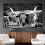 15425553-MGV-CV-36X24-Western Wall Art – Longhorn Cattle Black and White Canvas Print, Rustic Ranch Photography Decor for Bedroom, Living Room, Office,