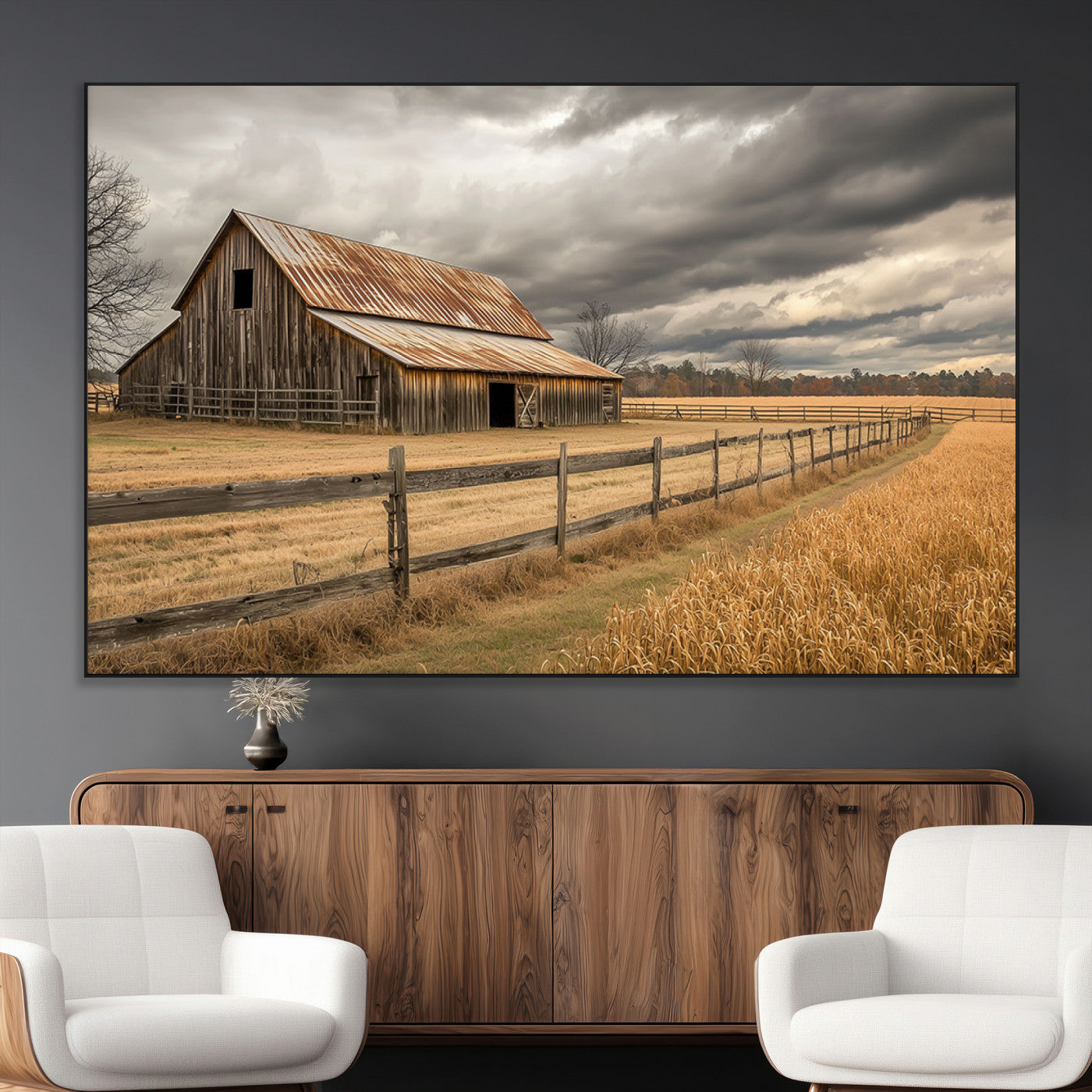 21991117-MGV-CV-36X24-Rustic Barn Wall Art – Weathered Farmhouse Canvas Print, Stormy Sky and Golden Field Photography Decor for Bedroom, Living Room,